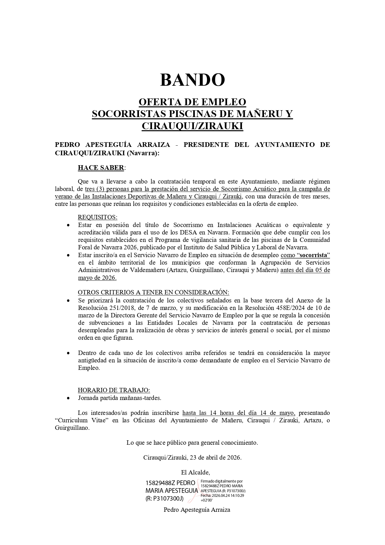 (Castellano) OFERTA DE EMPLEO SOCORRISTAS PISCINAS DE CIRAUQUI/ZIRAUKI Y MAÑERU